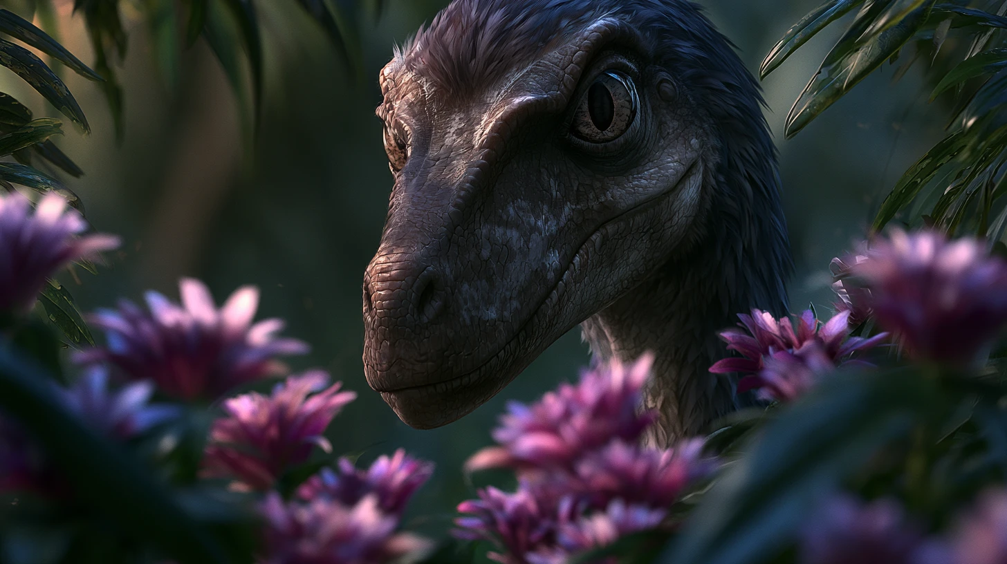 Velociraptor com penas camuflado entre flores da selva ao anoitecer