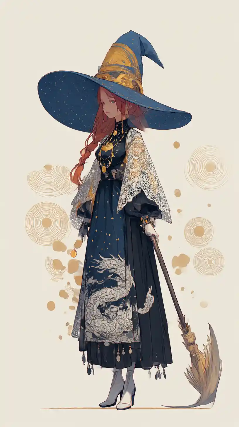 Ragazza strega dai capelli rossi con bastone in elaborato outfit fantasy