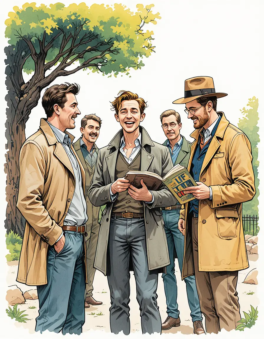 Cheerful group of men talking in a comic style street scene