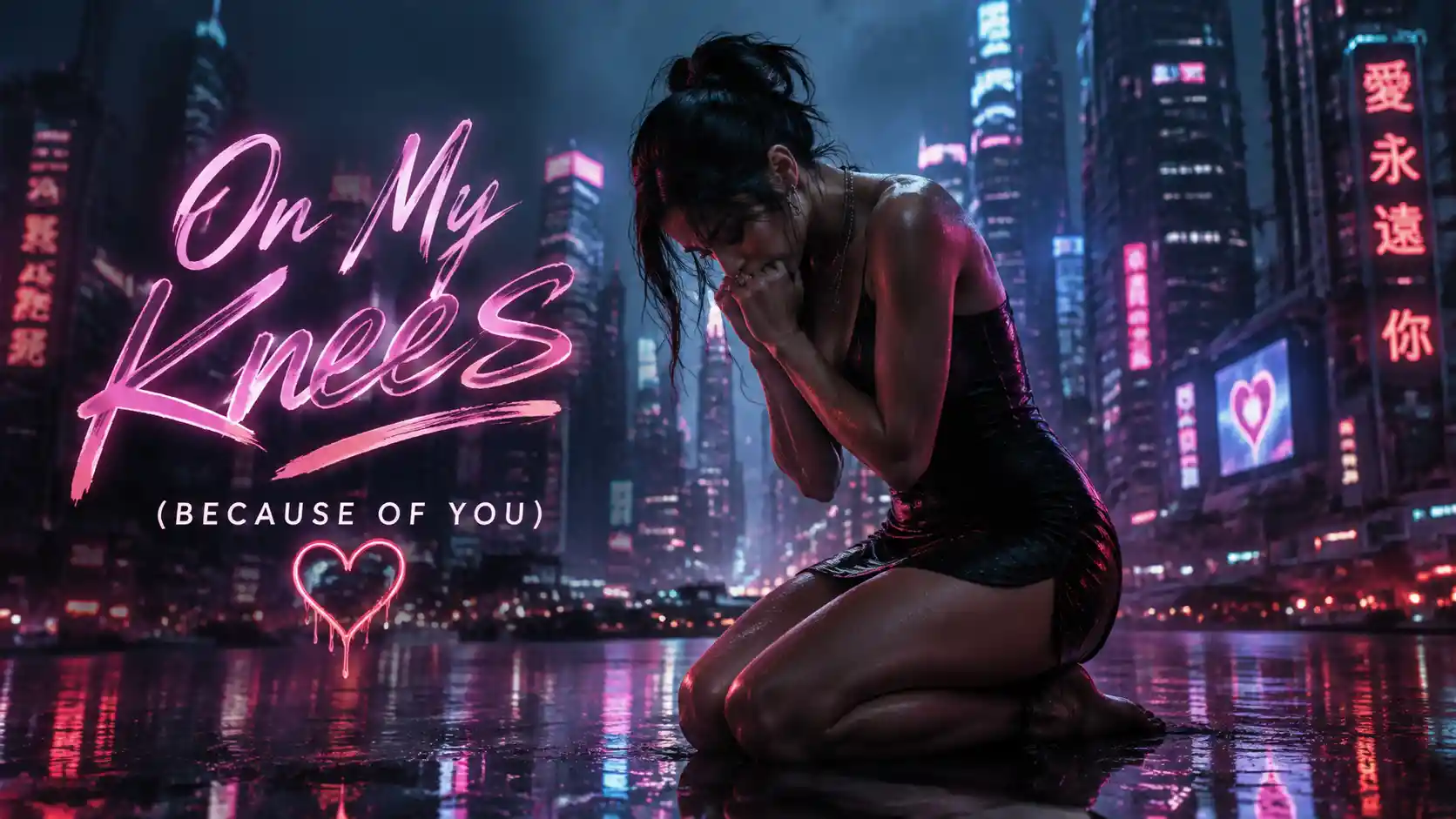Mulher bonita em uma cidade cyberpunk neon à noite