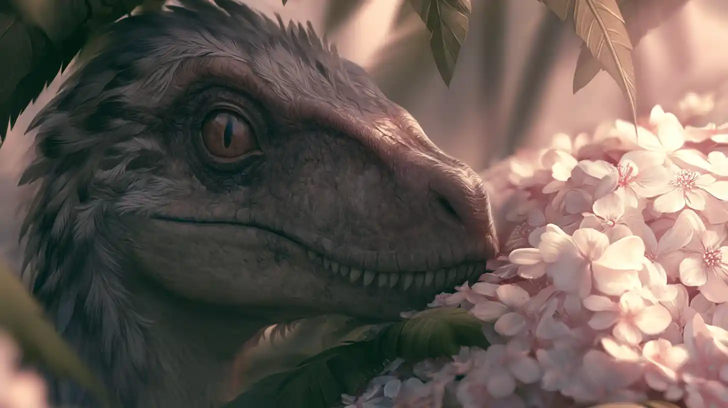 Vélociraptor à plumes camouflé parmi les fleurs de la jungle