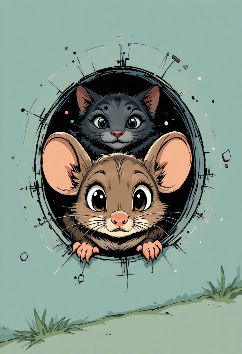 Ratinho fofo espiando do muro enquanto gato à espreita observa por perto