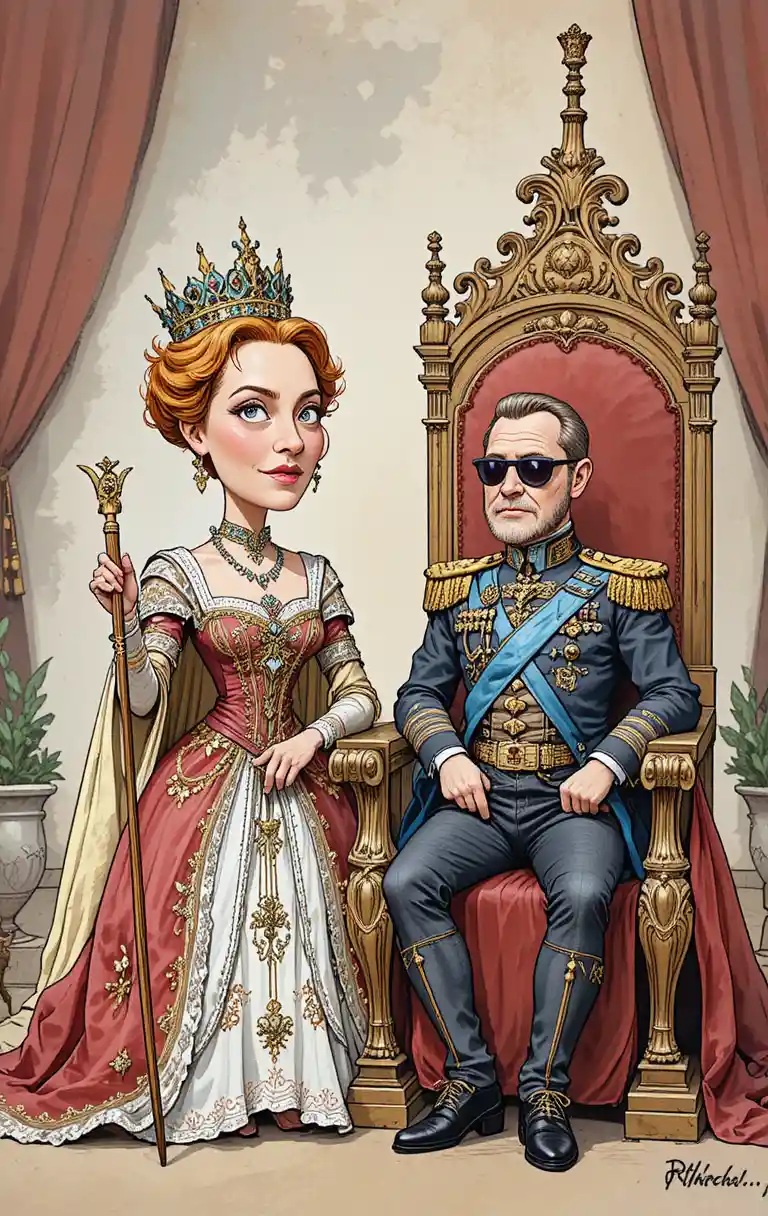Humorous cartoon queen scolding a small king on throne