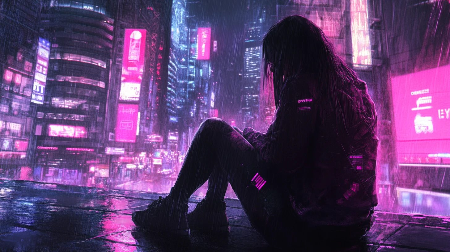 Retrato cyberpunk romântico de uma mulher em cidade de néon
