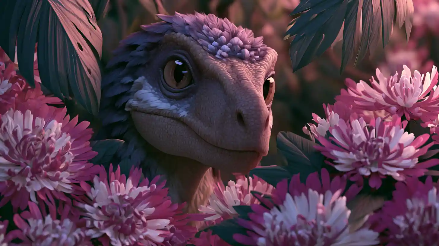 Velociraptor com penas camuflado entre flores da selva ao anoitecer