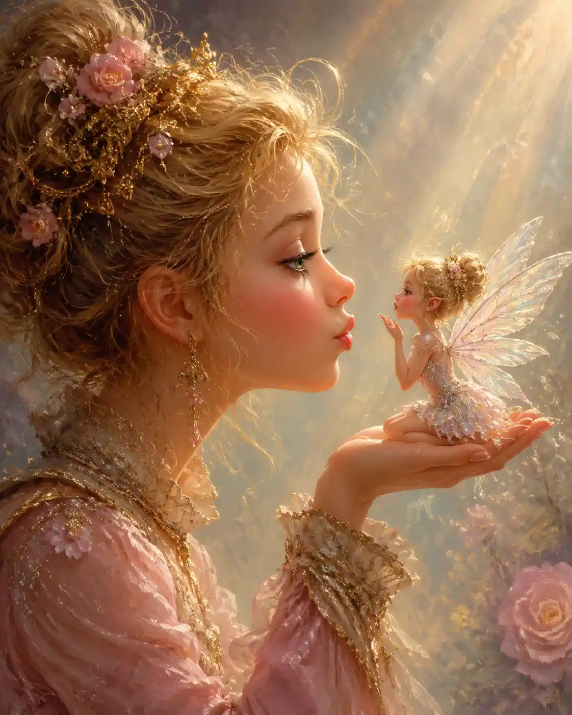 Woman in profile kissing a tiny fairy in her hand