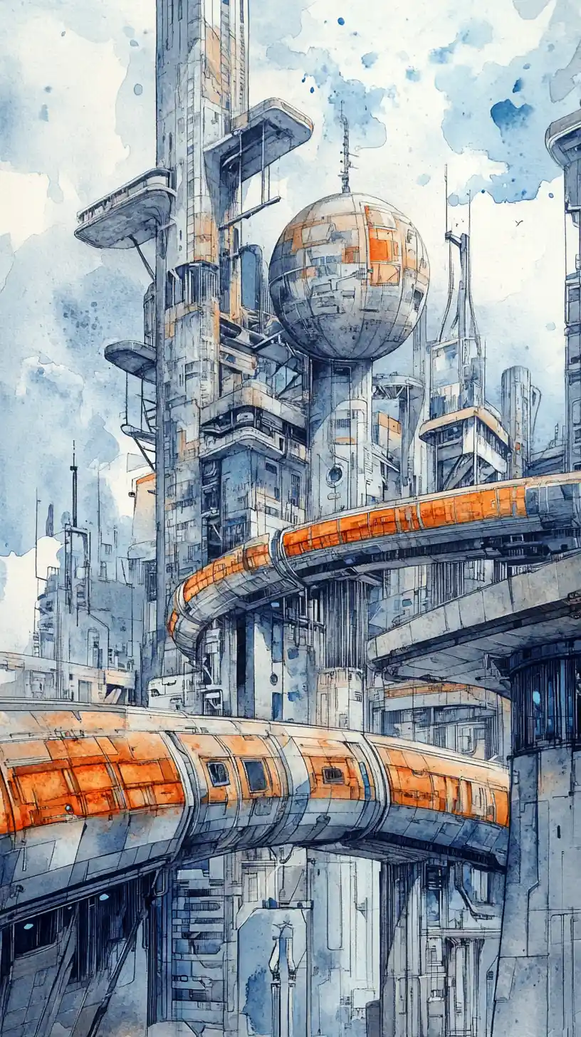 Futuristic Railway City In Watercolor And Pencil Illustration