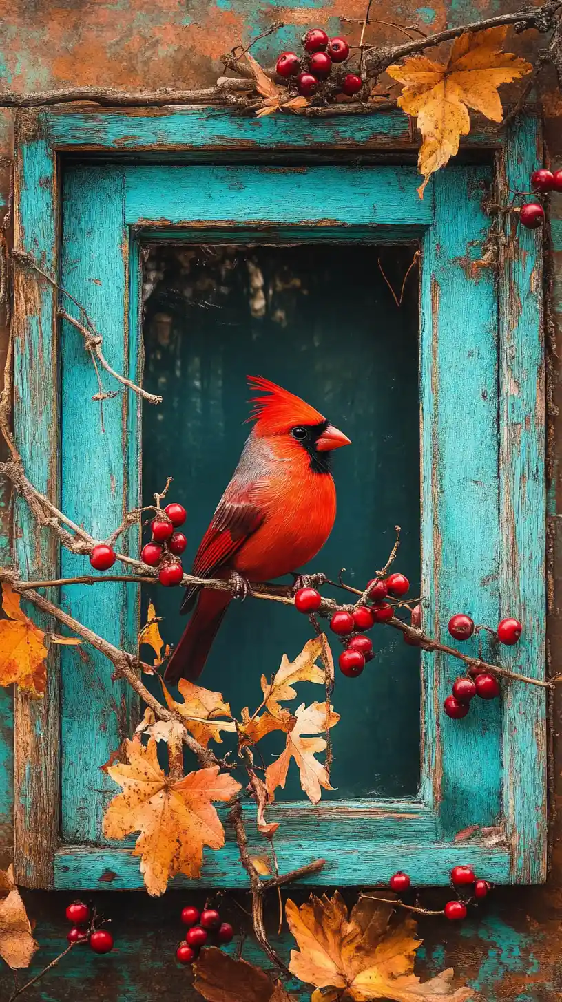 Pássaro vermelho em um galho ao lado de uma antiga janela turquesa