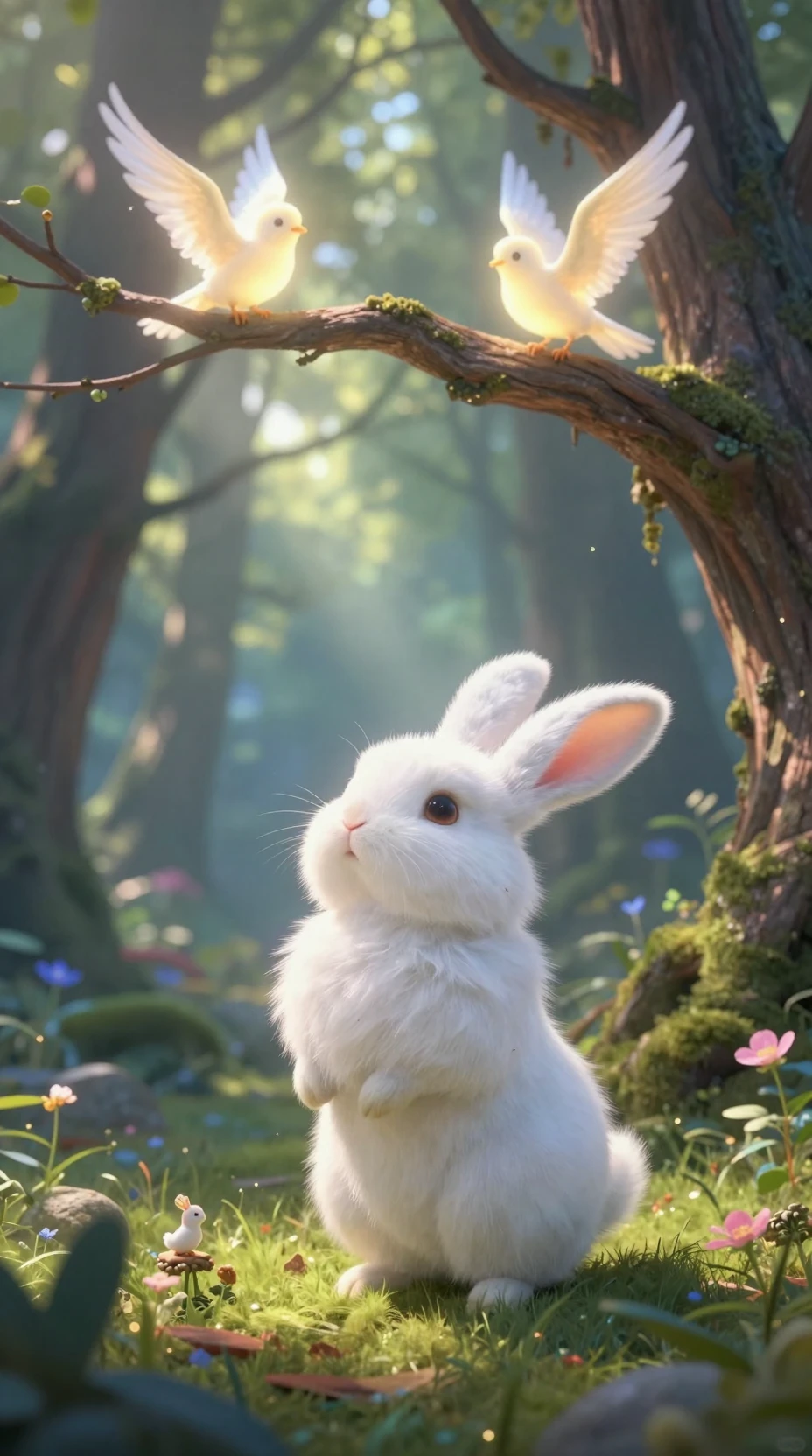 Coelho branco em uma clareira mágica da floresta ao amanhecer