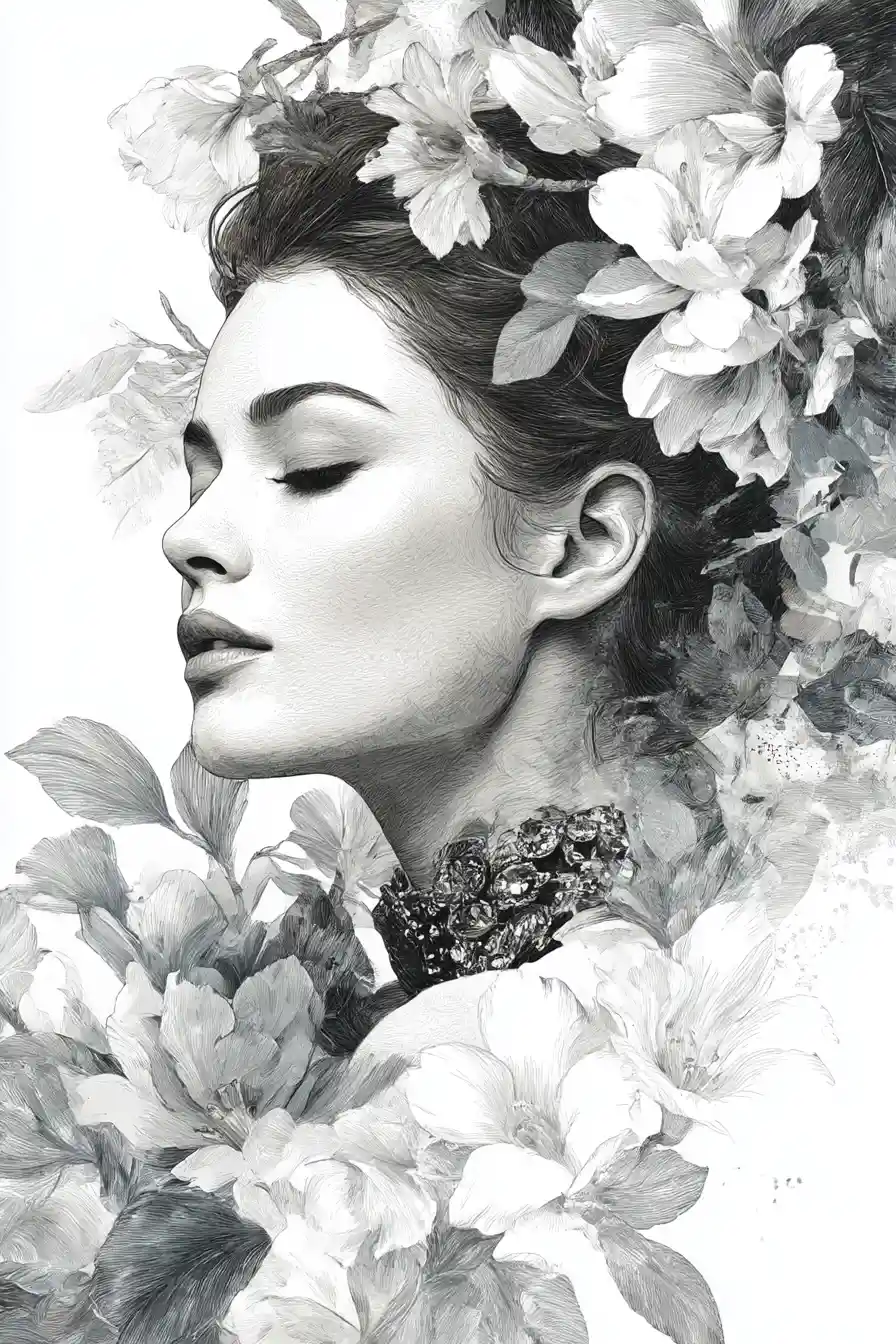 Retrato digital floral de uma diva russa adornada com joias