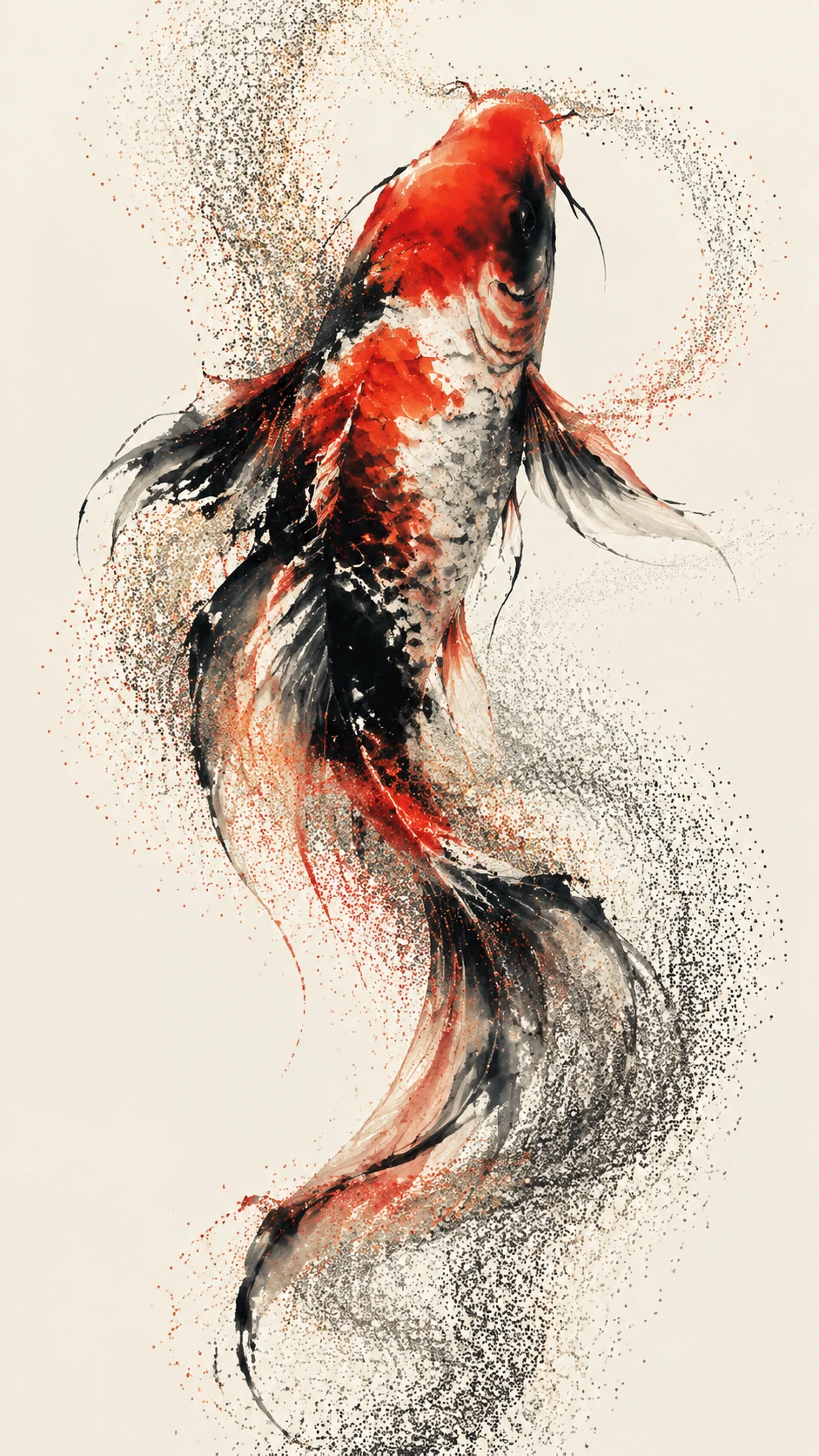 Enormous ink koi dissolving into spiraling digital particles