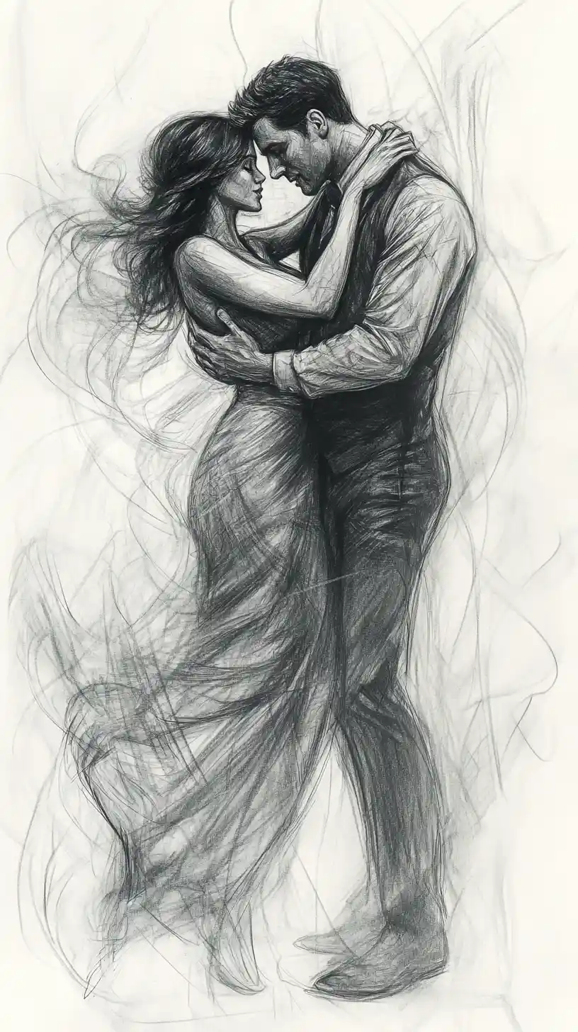 Couple passionné dansant dans une illustration expressive au crayon