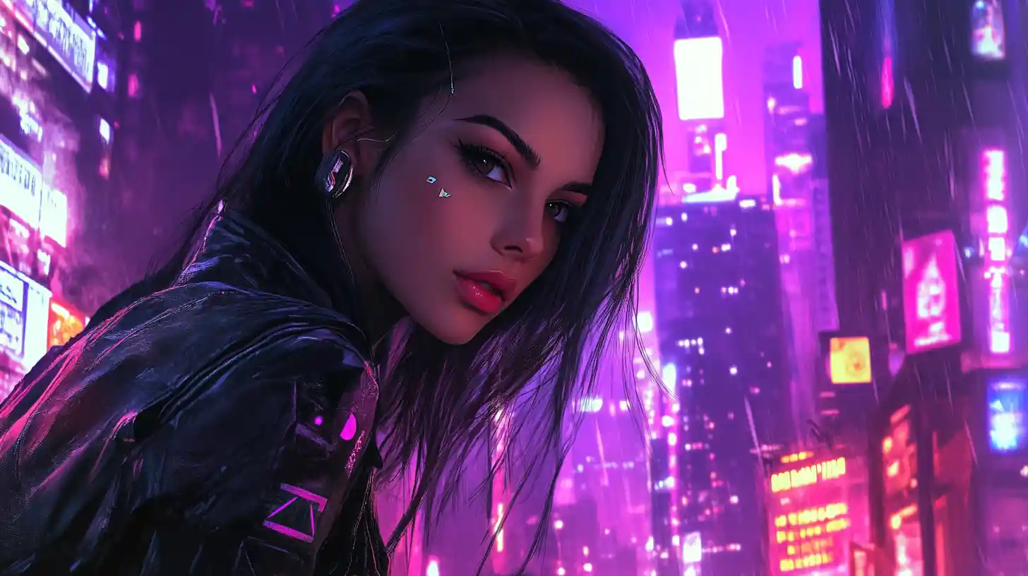 Mulher bonita em uma cidade cyberpunk para capa de música romântica