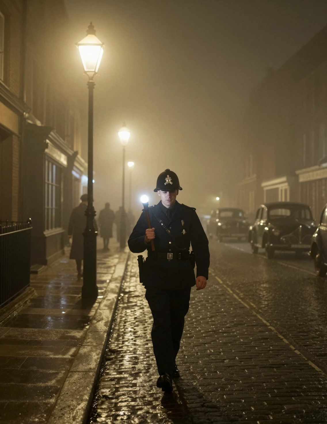 Agente di polizia londinese nella fitta nebbia in una strada notturna anni ’50