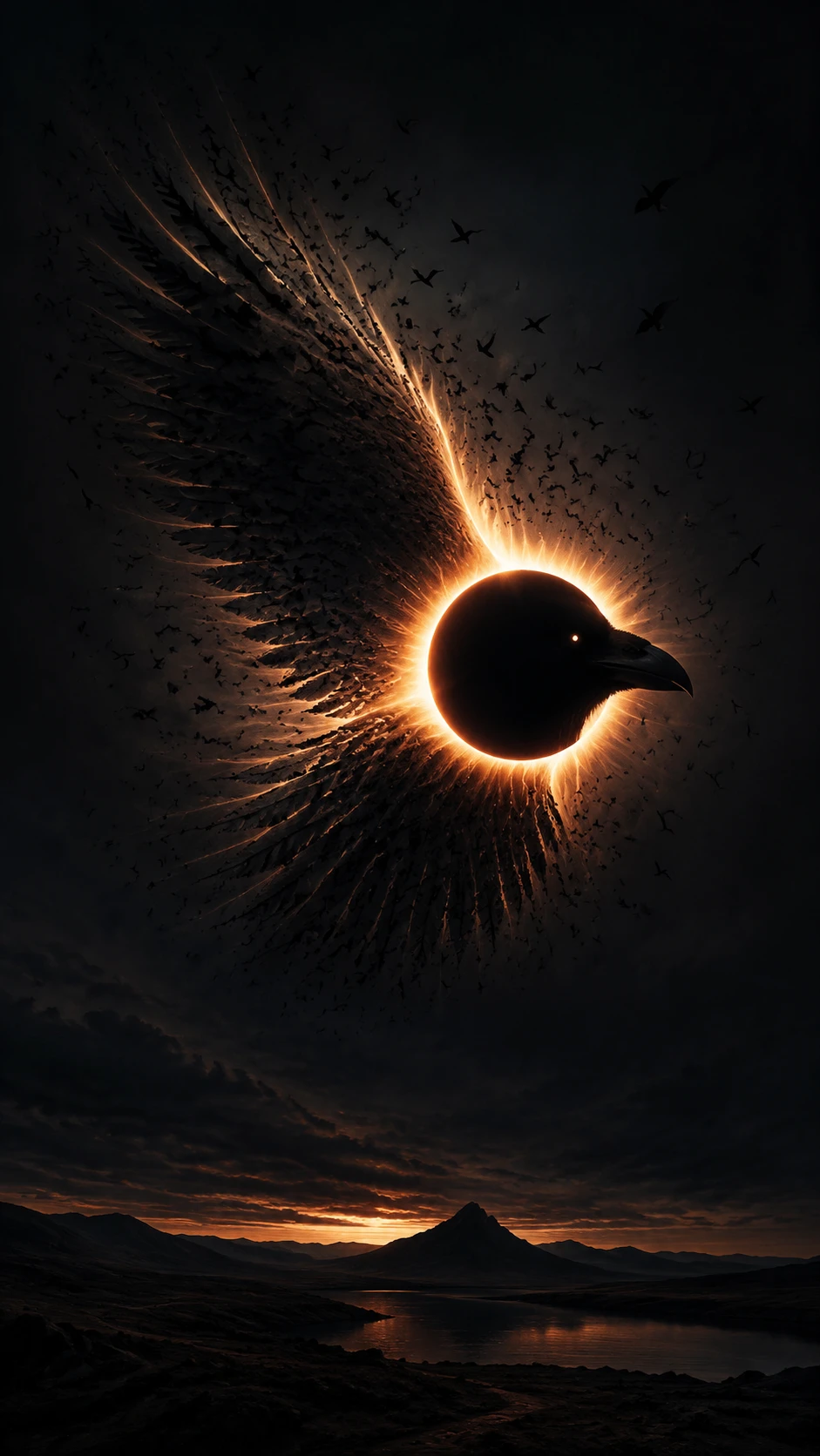Eclipse solar total formando a silhueta de um corvo gigante