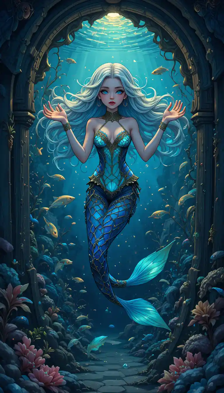 Playful siren in an underwater art nouveau grotto