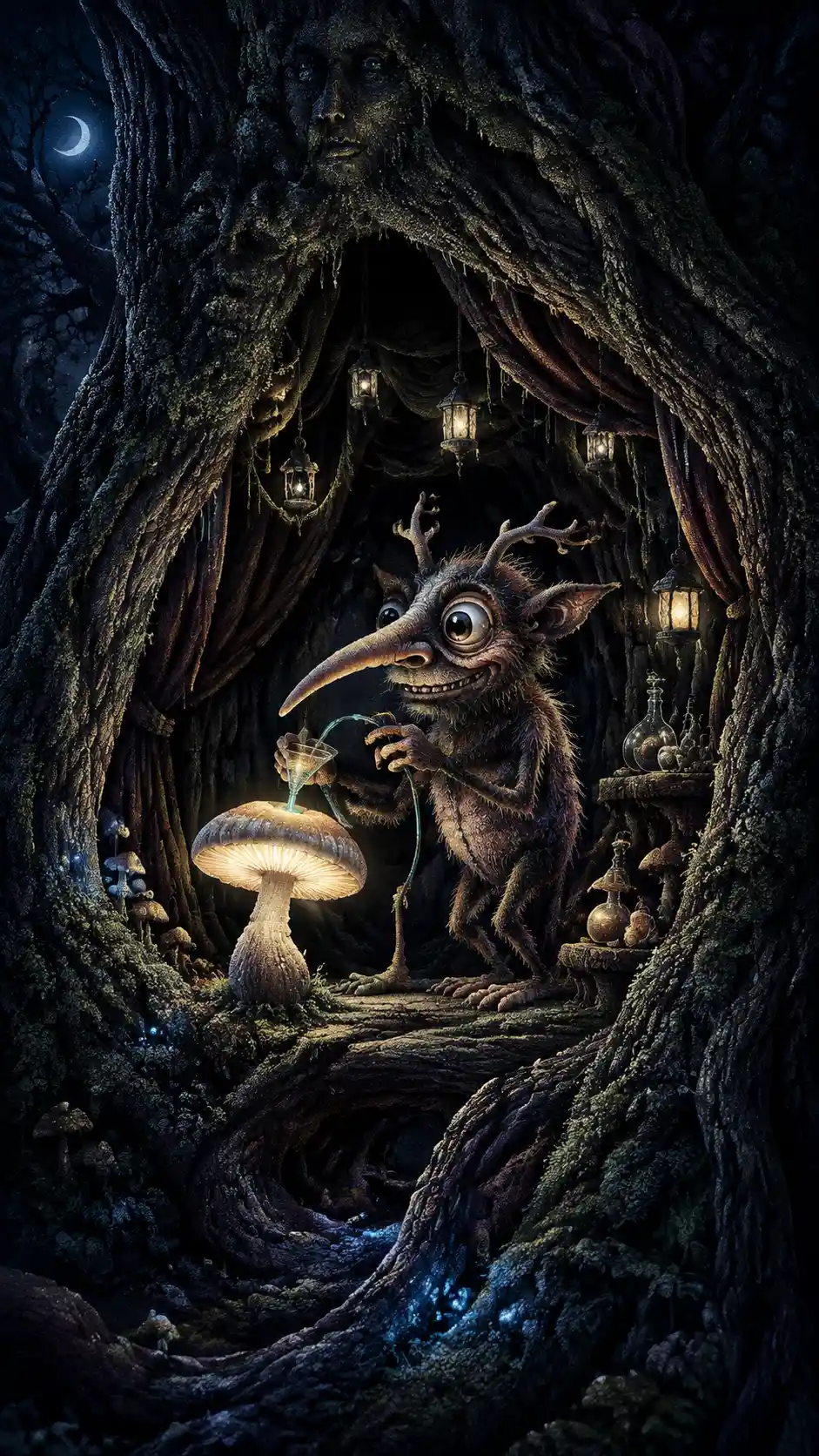 Tiny forest trickster sipping moonlight in a hollow tree