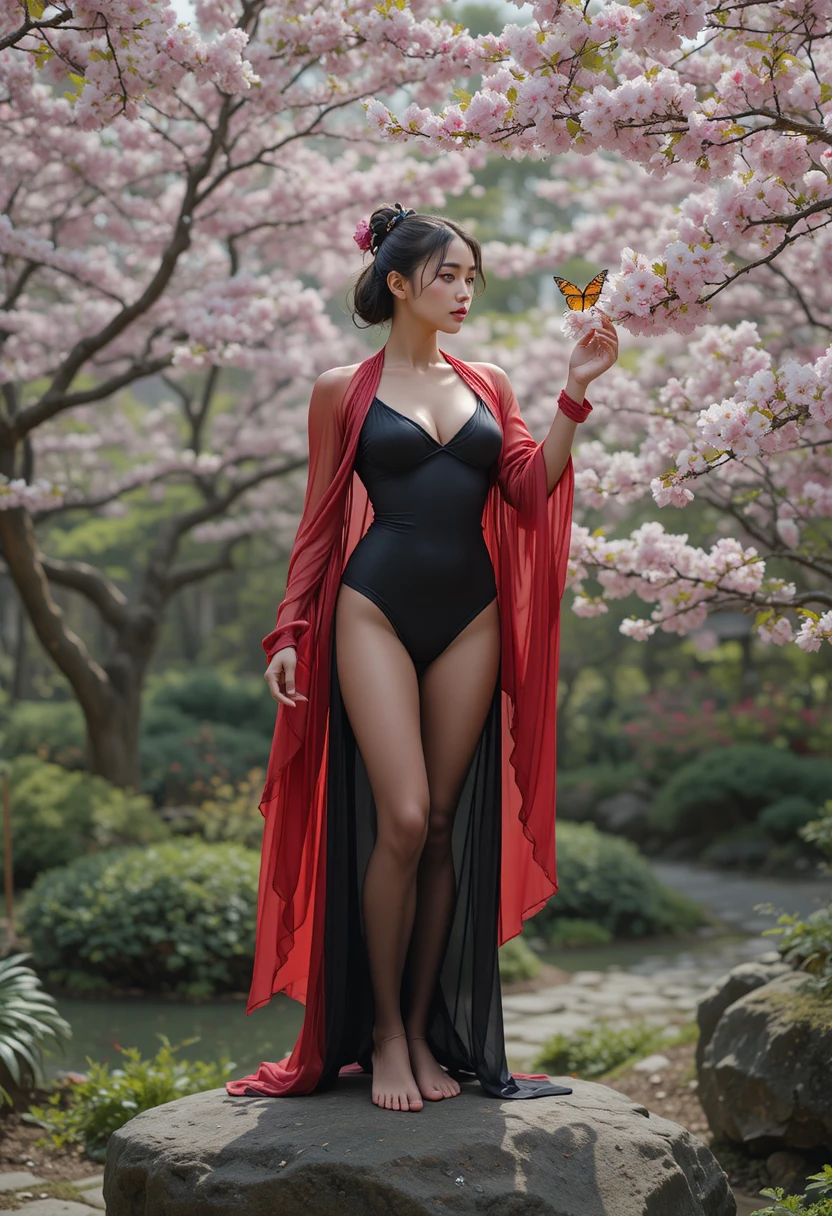 Woman on stone in Japanese garden watching butterfly