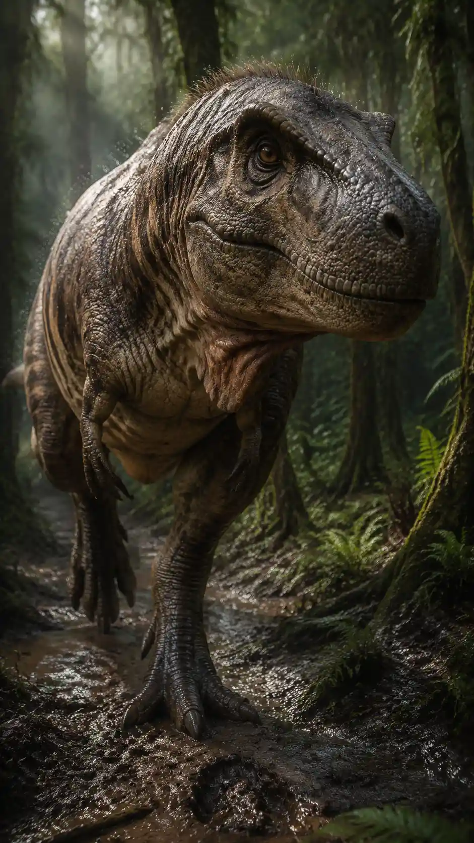 Realistischer Tyrannosaurus Rex, der durch einen feuchten Wald läuft
