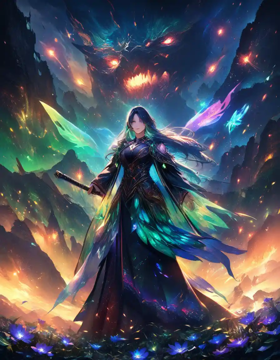 Elegant demon huntress in glowing enchanted forest