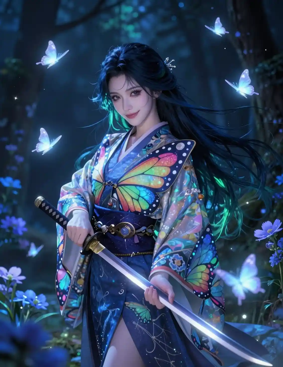Elegant demon hunter in a glowing fantasy forest