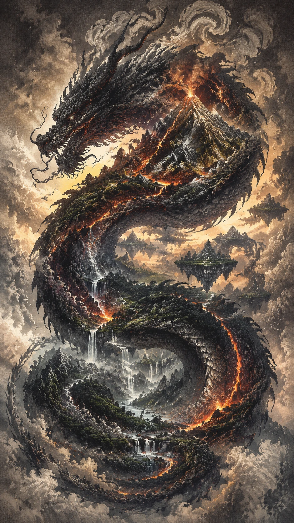 Silhueta de dragão serpentino com mundo vulcânico de fantasia