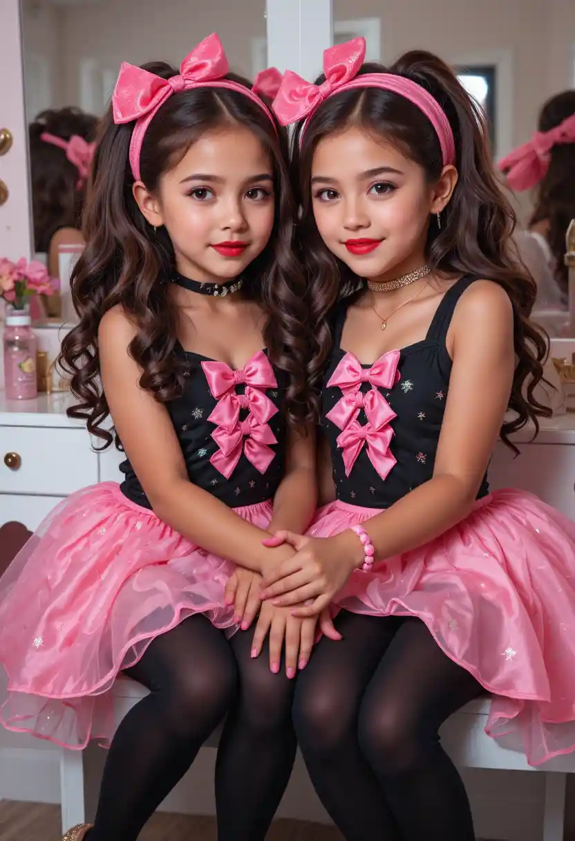 Playful siblings in matching pink star dresses at vanity