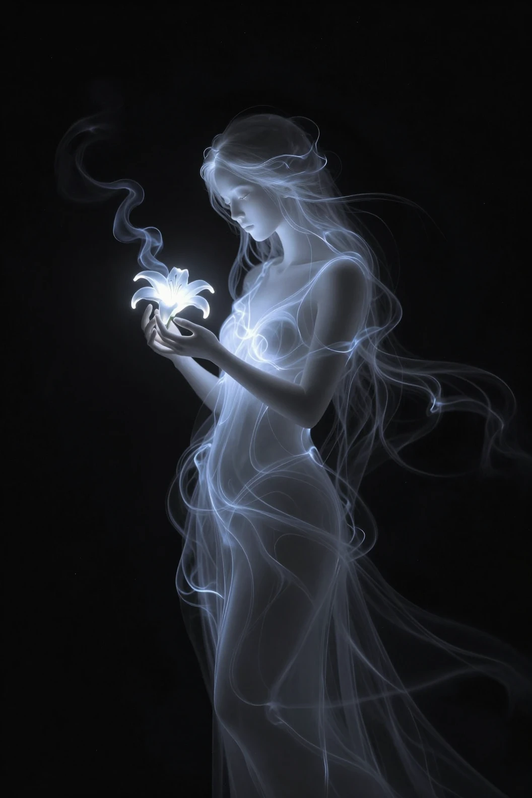 Deusa Etérea do Brilho Estelar Segurando um Lírio Luminoso
