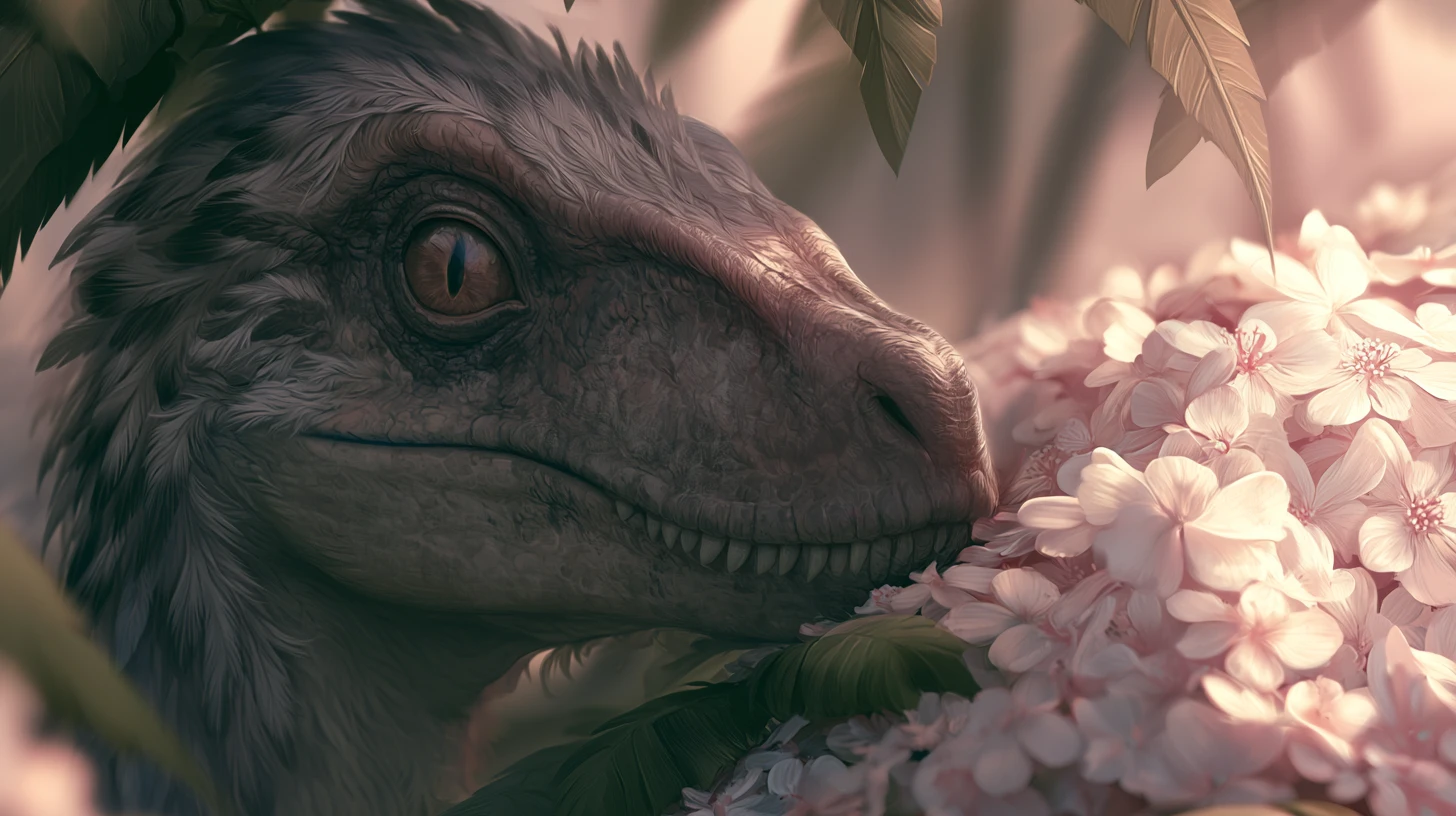 Velociraptor com penas camuflado entre flores da selva
