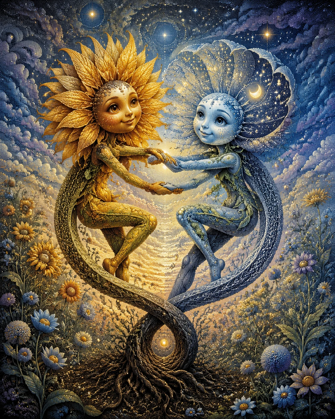 Tanzende anthropomorphe Blumen in einem surrealen Fantasiegarten
