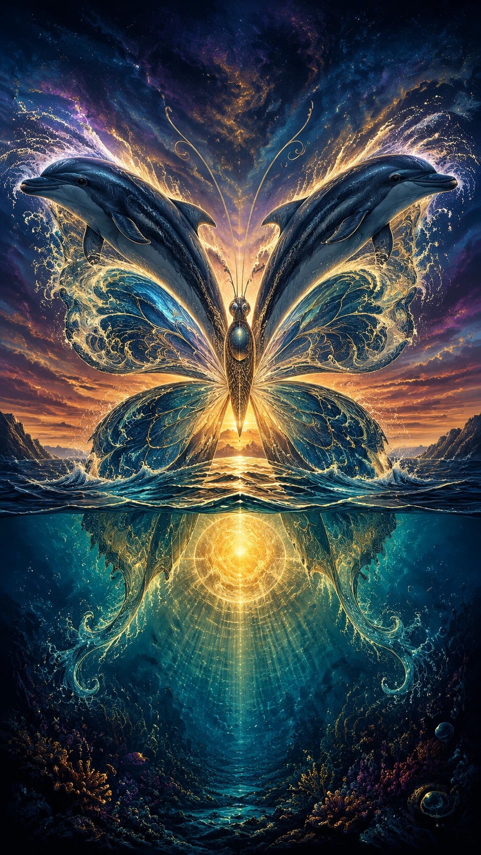 暮光海面上超現實海豚蝴蝶幻象