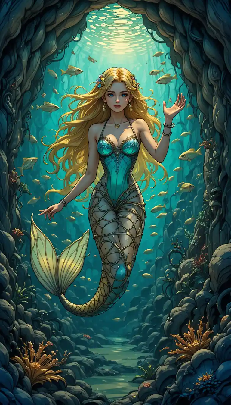 Playful siren in an ornate underwater grotto with fish