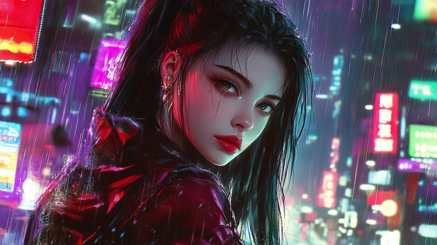 Linda mulher em uma cidade cyberpunk neon à noite