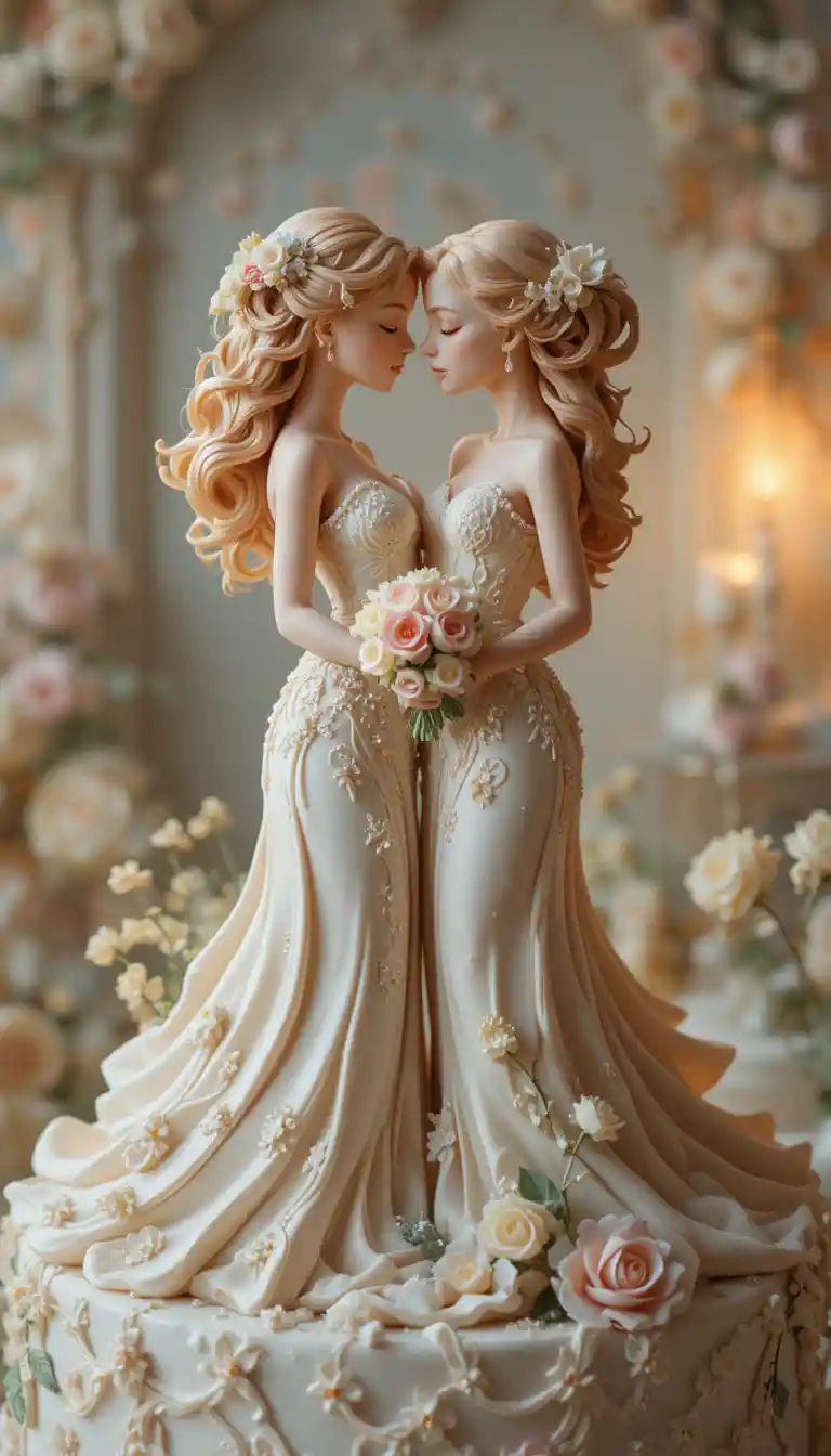 Scultura romantica di torta nuziale con due donne innamorate