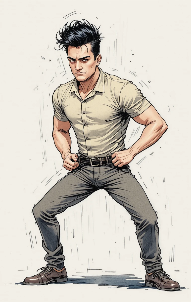 Homem de desenho retrô se esforçando para puxar a calça apertada