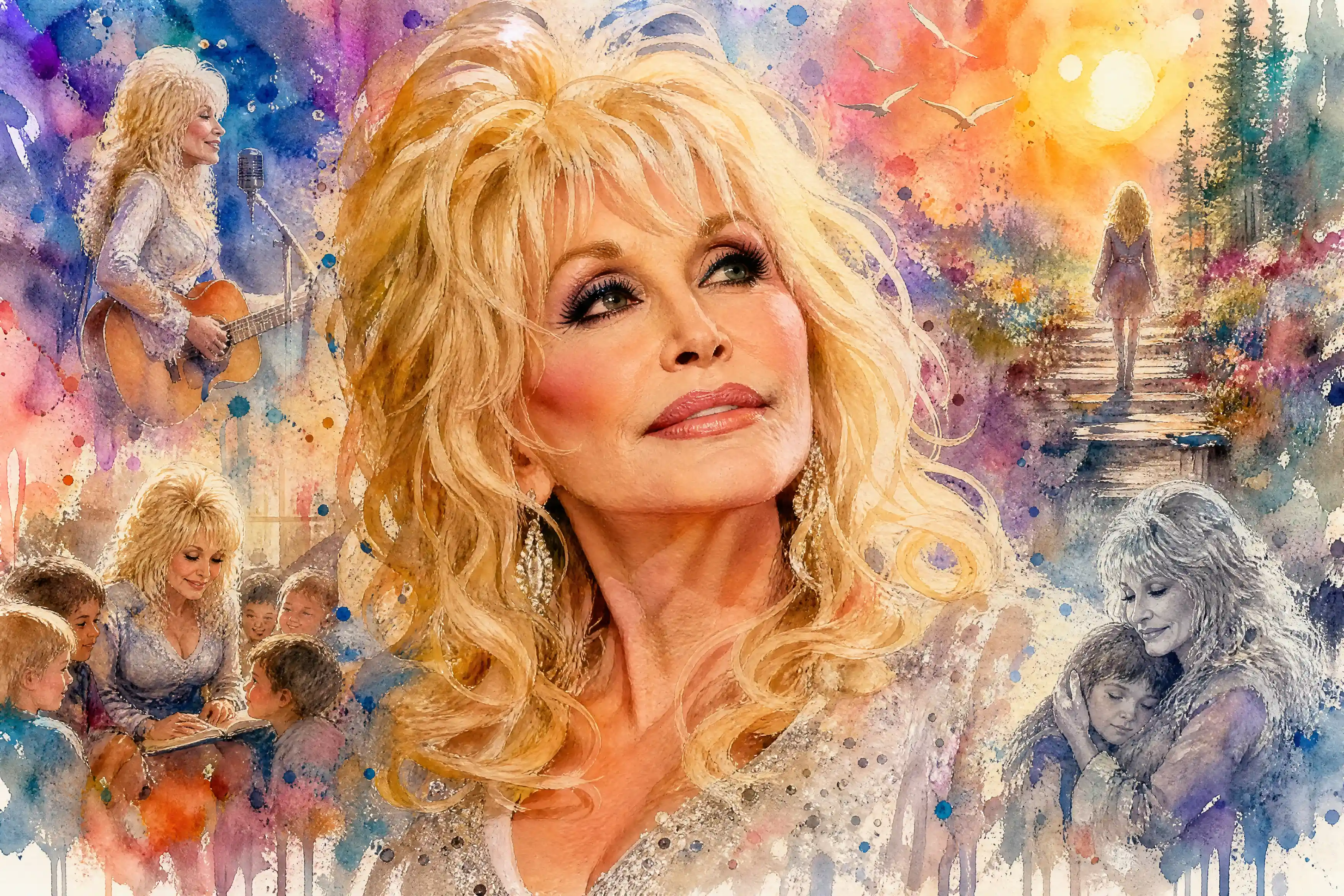 Colorful watercolor tribute portrait of a sad woman