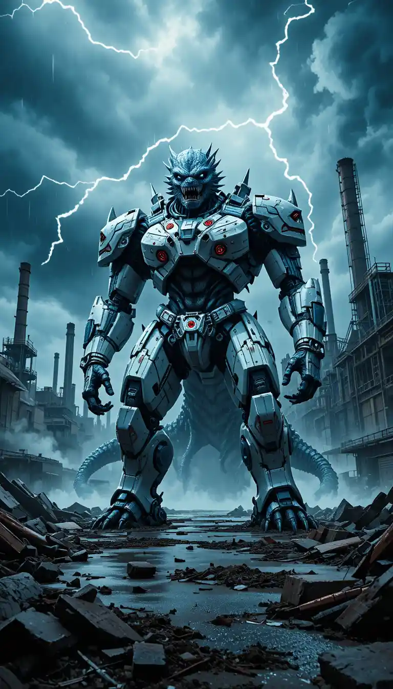 Gigante mecha blindado enfrentando monstro marinho em píer tempestuoso