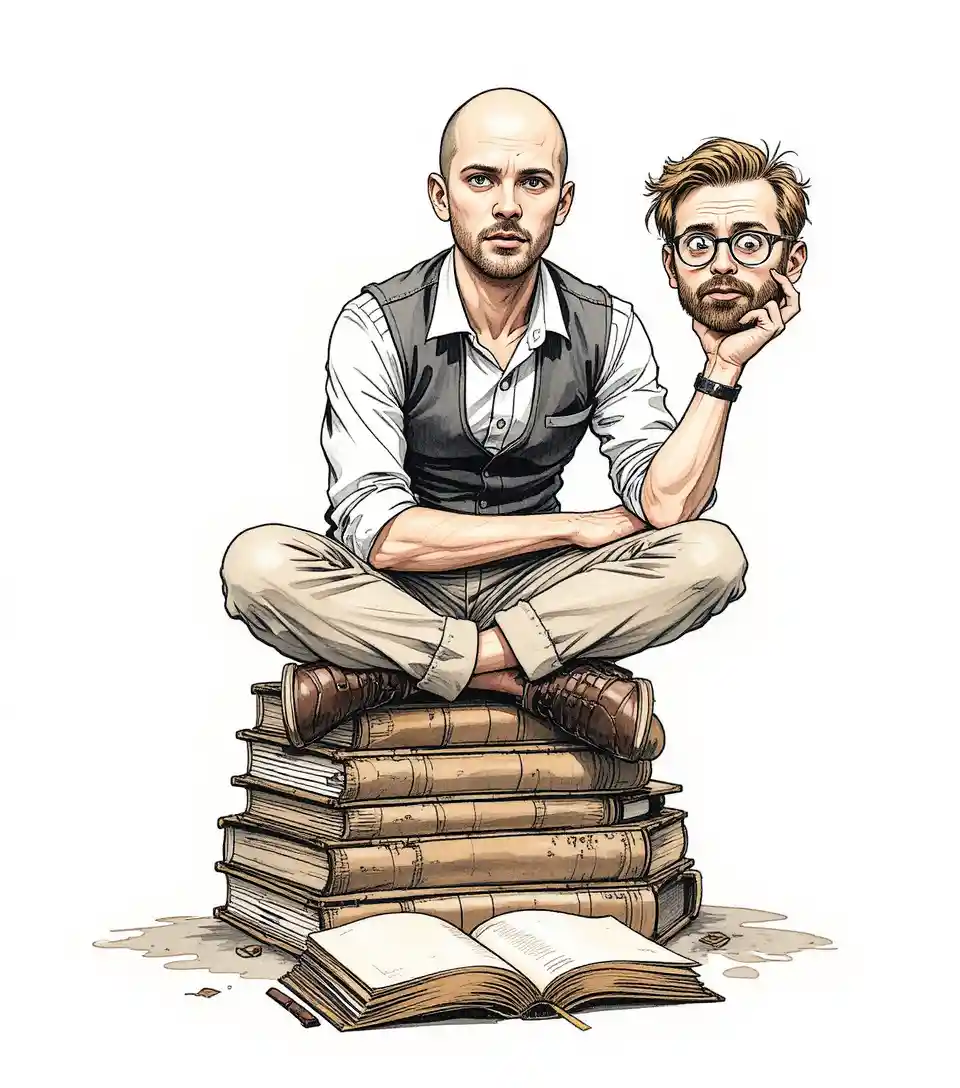 Homem sem cabeça refletindo em uma pilha de livros antigos