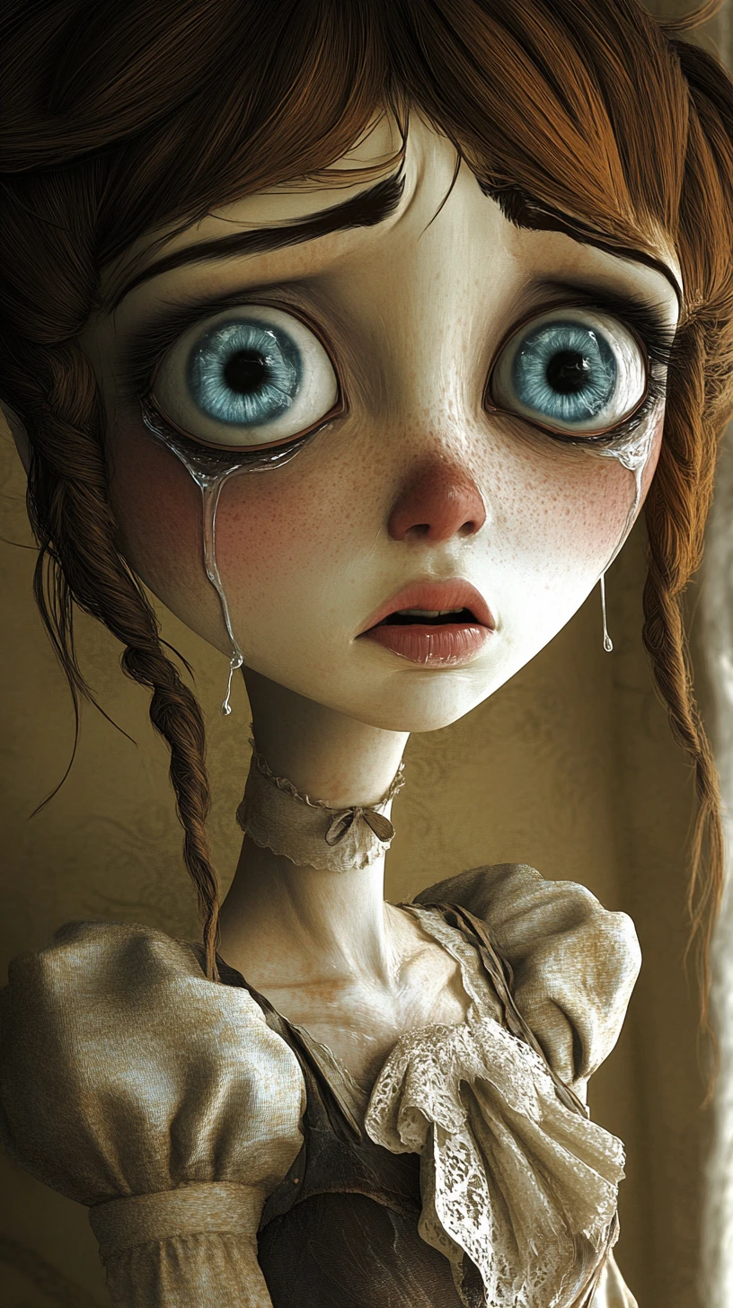 Mulher chorando de olhos azuis em um retrato estilizado de desenho animado