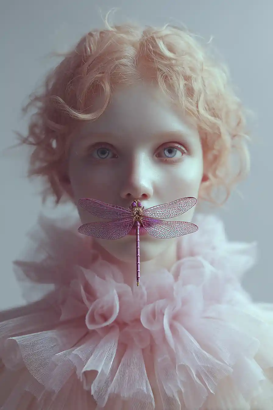 Retrato surreal em close com libélula sobre lábios cor-de-rosa