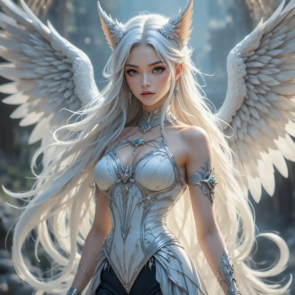Elegant wolf goddess woman in anime fantasy attire