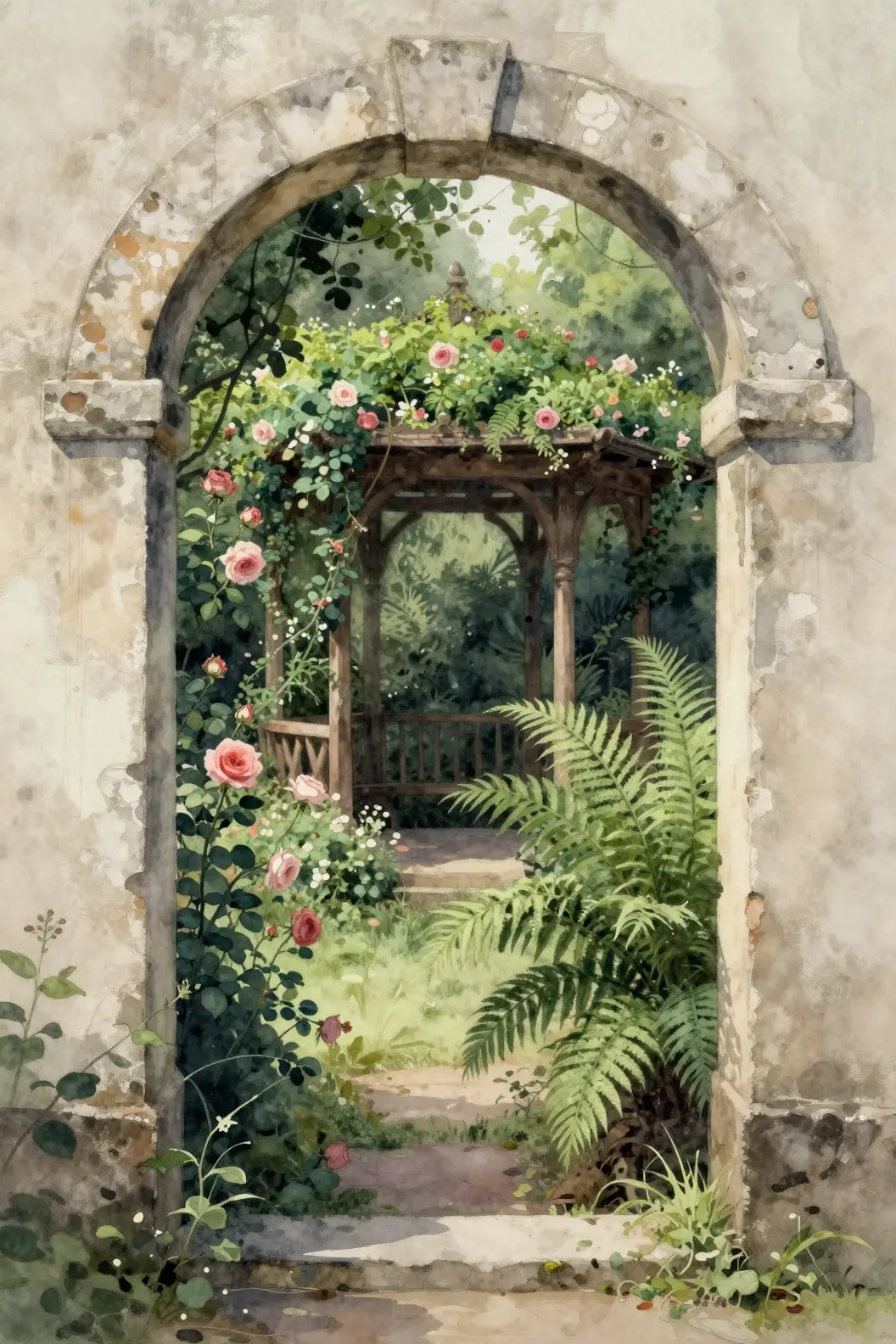 Arco de pedra envelhecida se abrindo para um jardim secreto