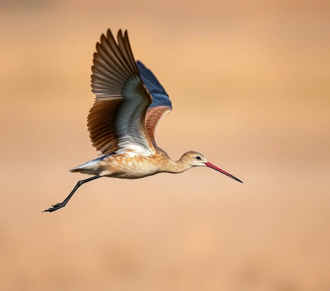 Bar tailed godwit in flight with wings lifted high