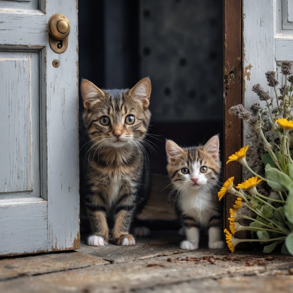 Rato rajado e gatinho fofinho escondidos perto de uma porta