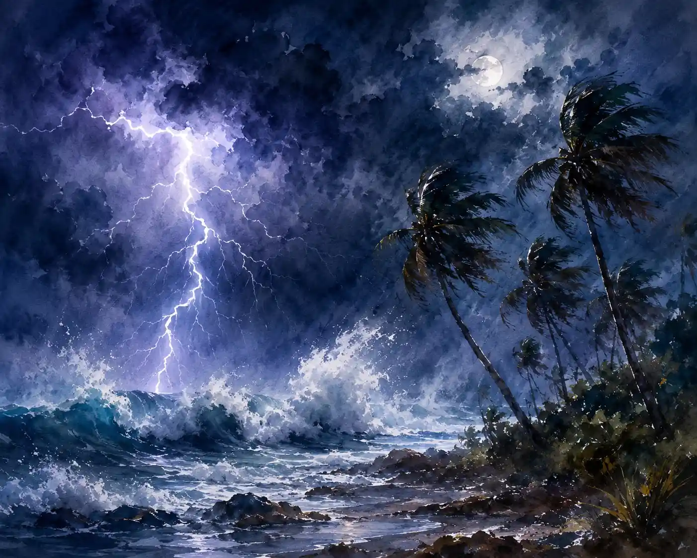 Stormy sea crashing against shore under lightning sky