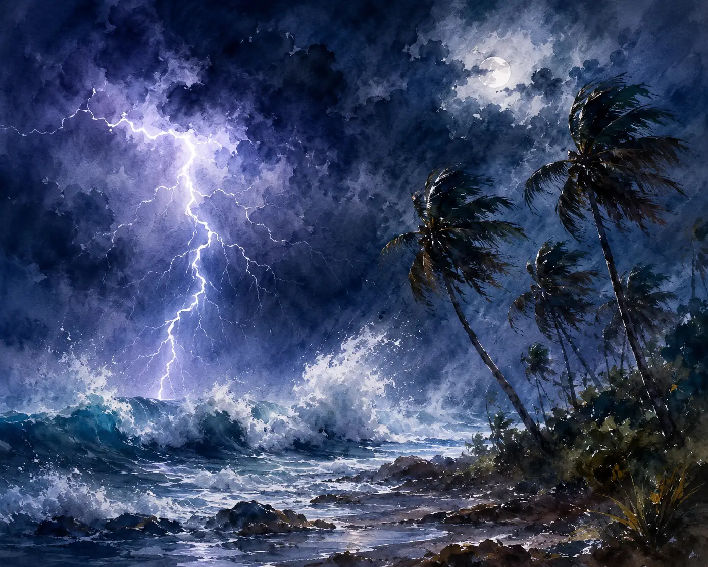 雷電交加天空下的暴風巨浪拍擊海岸