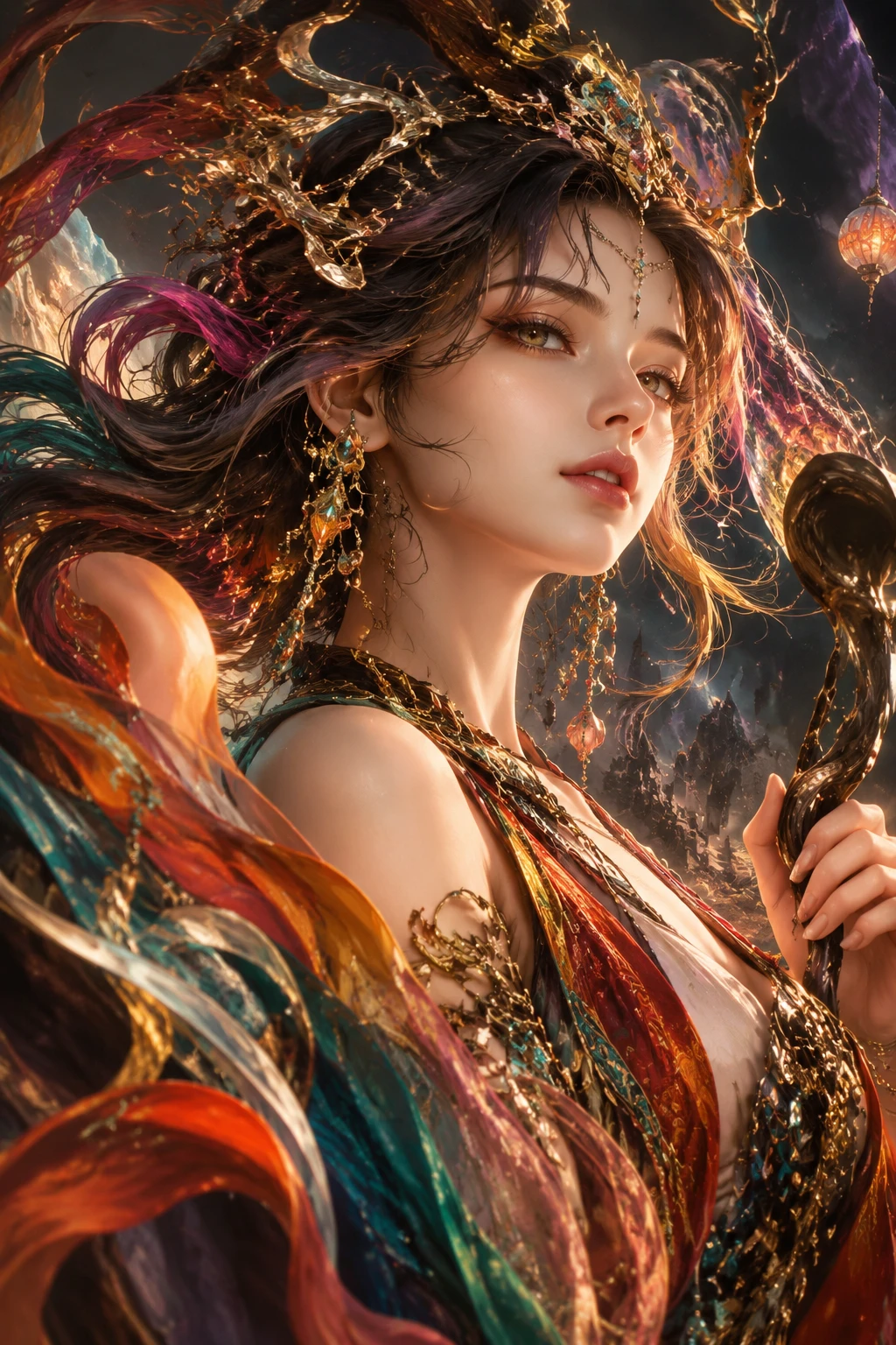 Mystical enchantress entering a vivid fantastical realm