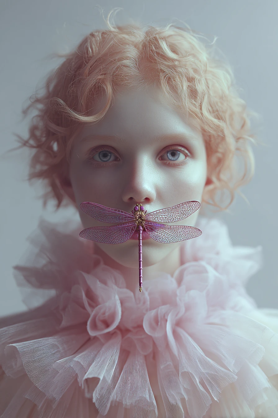 Retrato surreal em close com libélula sobre lábios cor-de-rosa