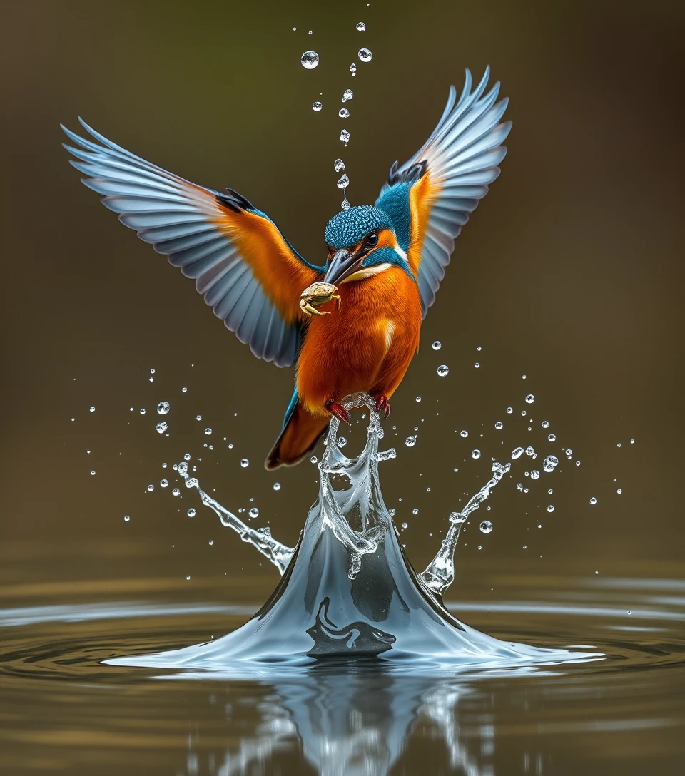 Kingfisher Bursting From Water With Crab In Its Beak