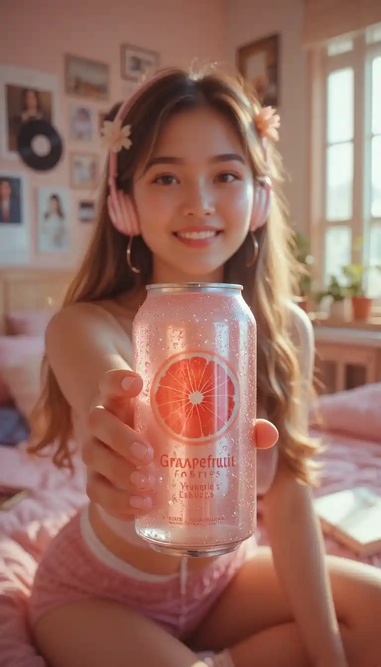 舒適臥室裡微笑女孩遞上粉紅葡萄柚飲料